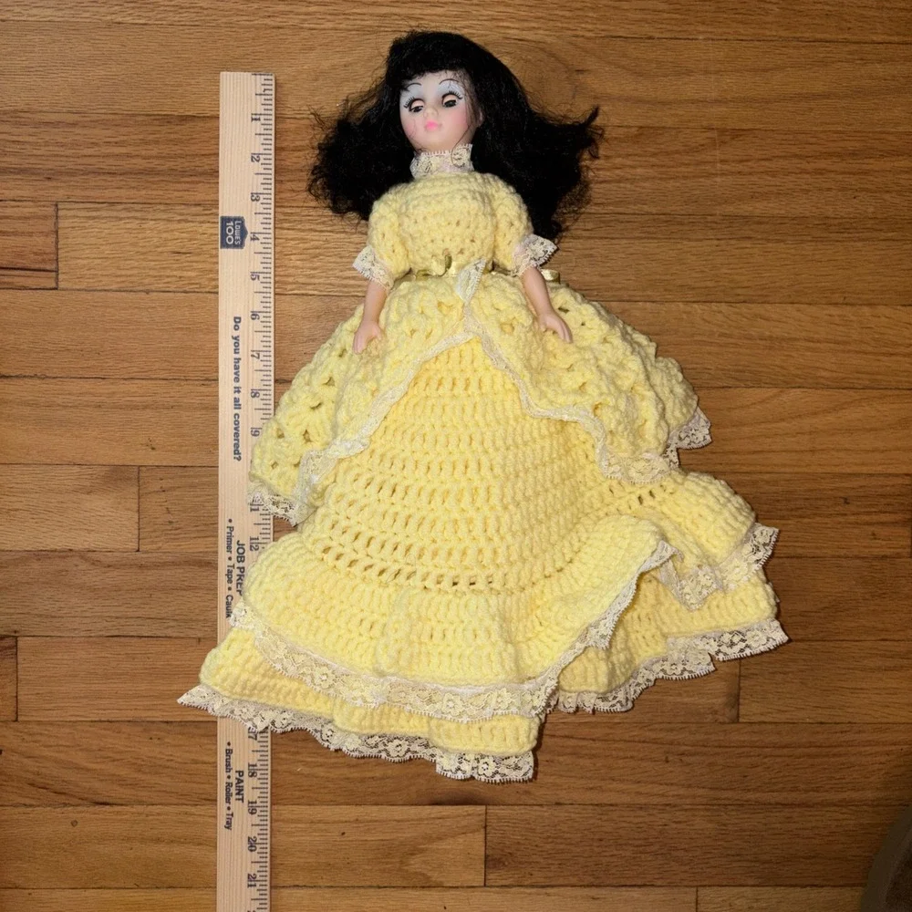 Vintage Crochet Doll Handmade Yellow Dress
